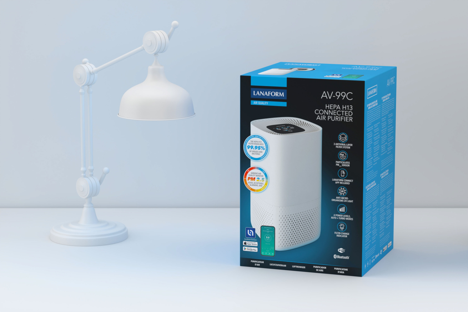 Blue packaging of the AV-99C Air Purifier on a table, next to a lamp