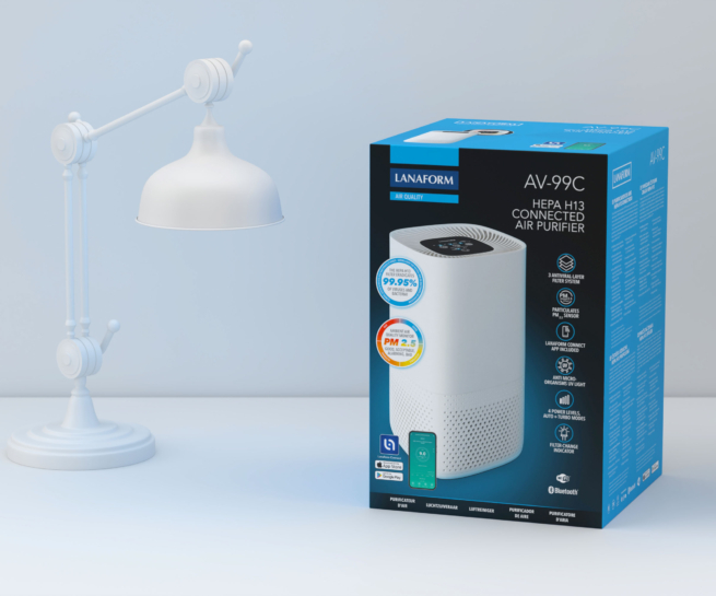 Blue packaging of the AV-99C Air Purifier on a table, next to a lamp