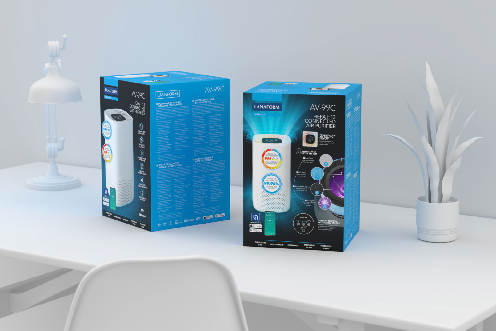 Two blue packagings of the AV-99C Air Purifier on a table, next to a lamp and a plant