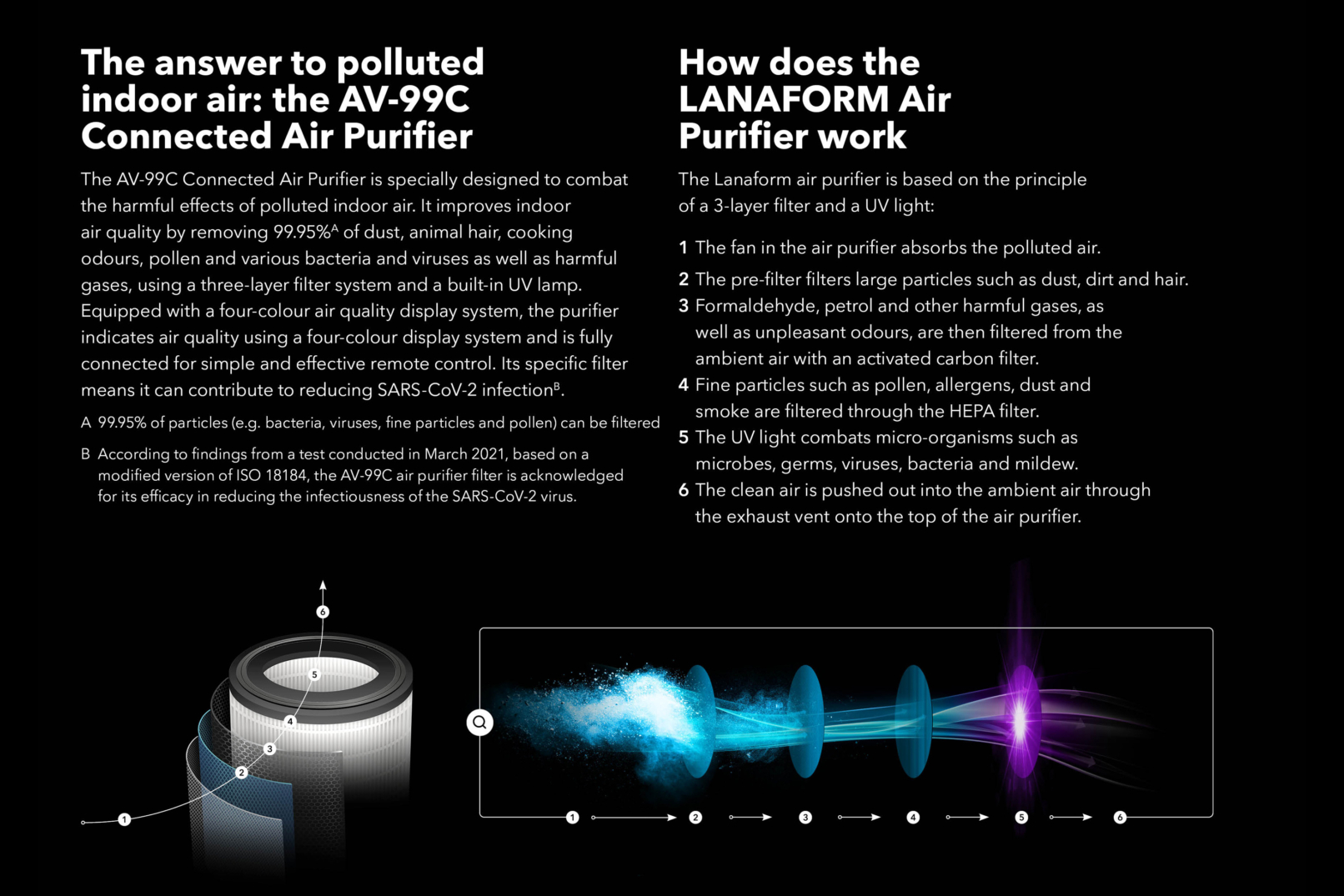 Page 3 of a presentation for the AV-99C Air Purifier depicting the product as the answer to polluted indoor air and explaining how it works