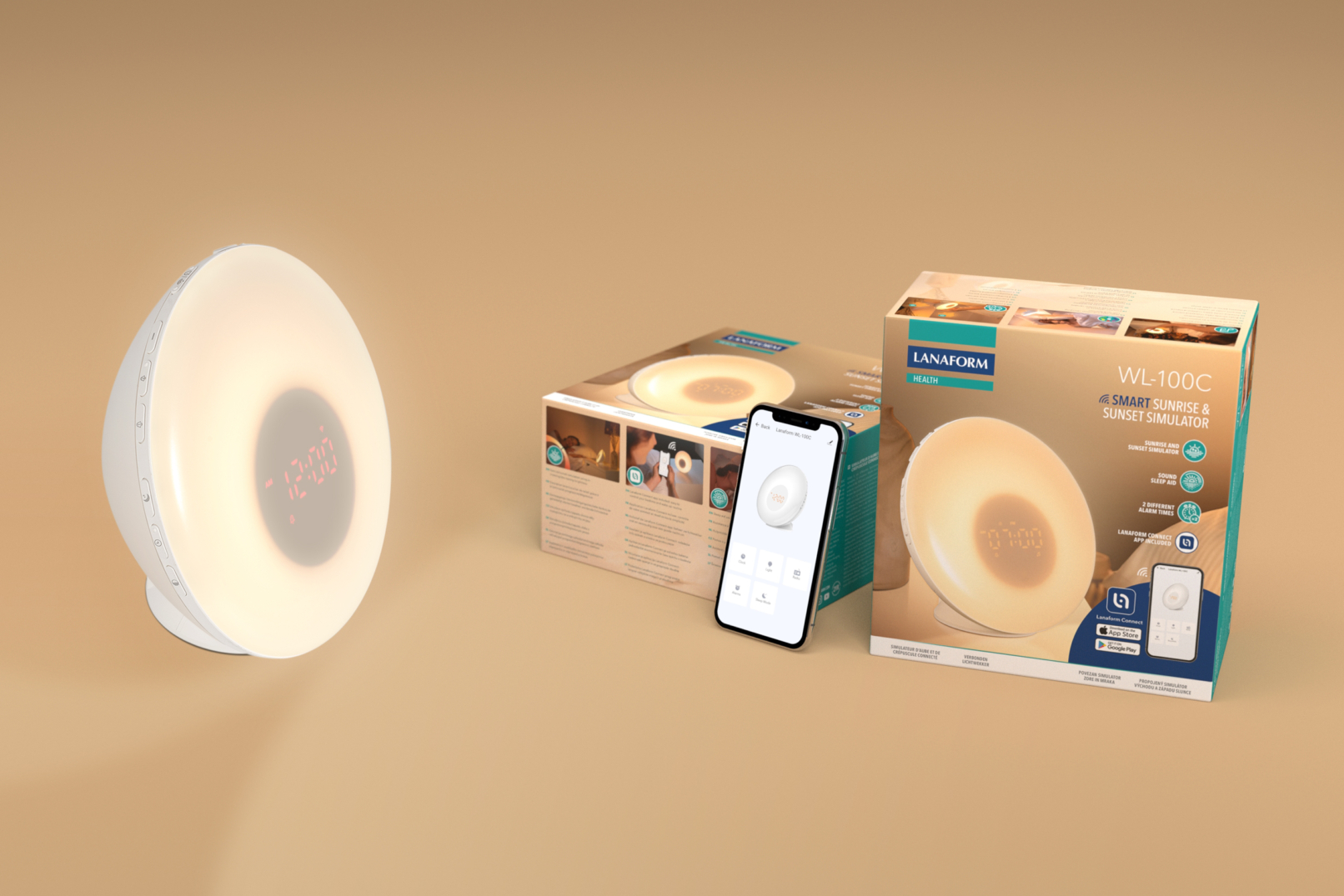 Render of the WL-100C Smart Sunrise & Sunset Simulator, its packaging and the app open on a phone on a golden background