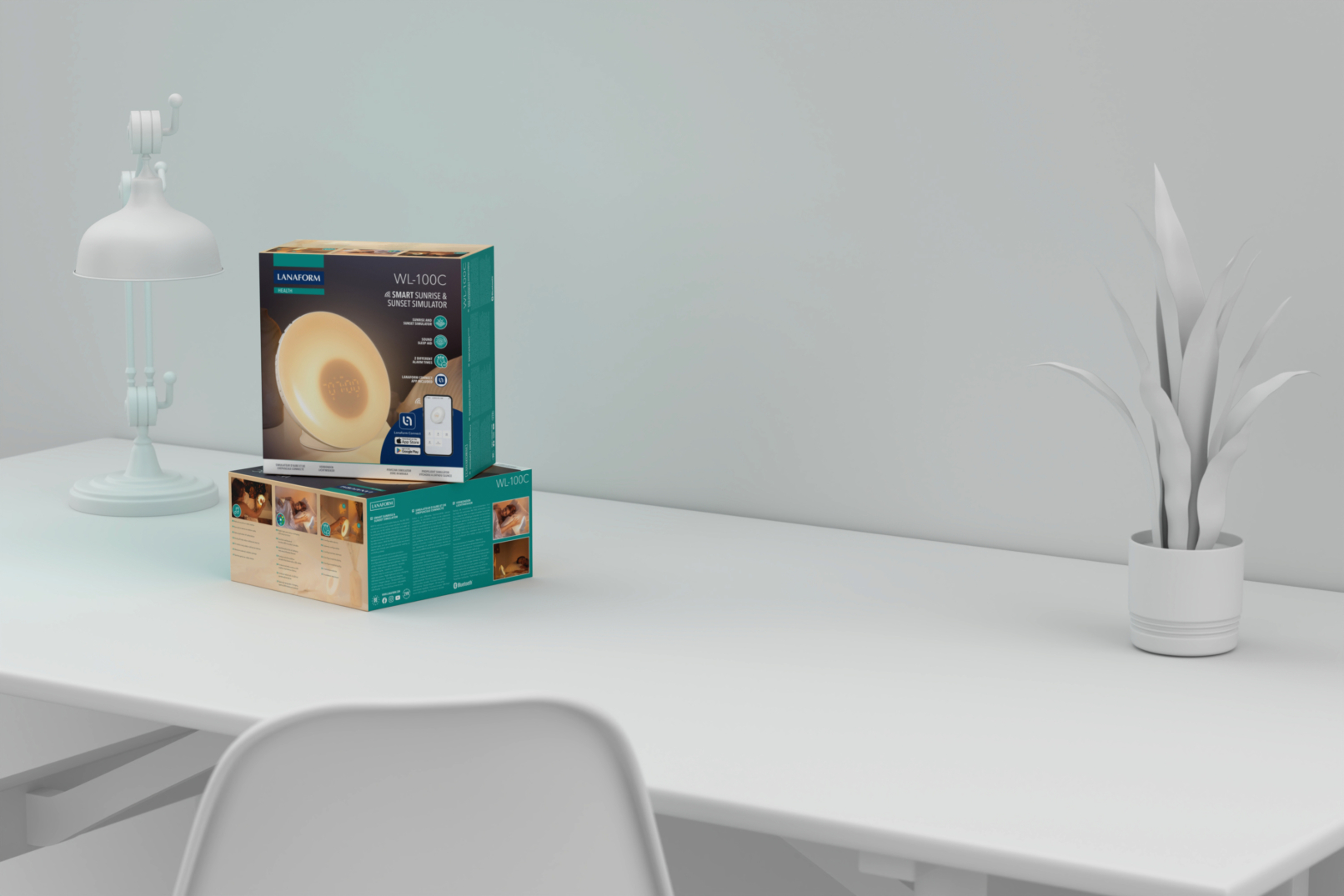 Blue, gold and green packagings of the WL-100C Smart Sunrise & Sunset Simulator on a table, next to a lamp and a plant