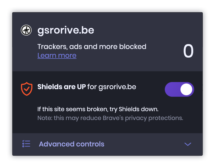 Brave Shield report for www.gsrorive.be reading “0 tracker, ad or more blocked”